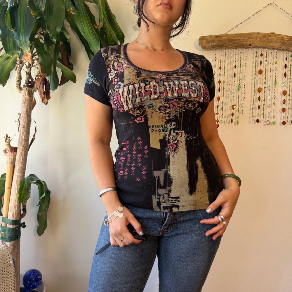 Skinny Minnie Wild West Graphic Baby Tee Rhinestone Beaded Y2K McBling Black